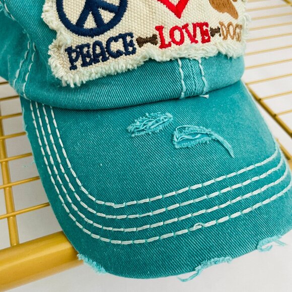 BRAND NEW, Never Worn Distressed Peace, Love and Dogs Turqouise Adjustable Hat! - Picture 8 of 8